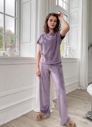 Велюровая пижама двойка комплект набор штаны футболка домашняя одежда домашний костюм теплая пижама модная пижама8 фото
