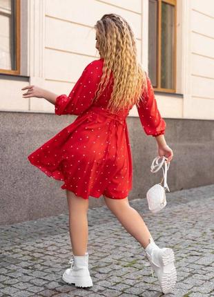 42-64р короткое платье красное в горох длинный рукав полусолнце батал большие размеры с утяжкой2 фото