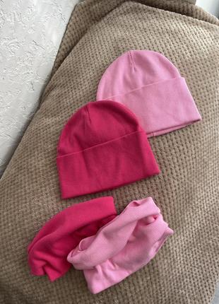 Розпродаж! шапка жіноча рожева яскрава шапка в рубчик осіння на осінь демісезонна з шарфом хомутом 56-58 розмір комплект шапка шарф жіночий3 фото