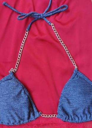 Синій джинсовий верх купальника бюстгальтер до купальника ліфчик із паралоном срібними ланцюжками4 фото