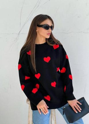 Женский теплый свитер джемпер оверсайз зима сердце