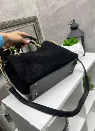 Черная – натуральный замш - lady bags - стильная сумка на 3 отделения – фурнитура золото - топ прода6 фото