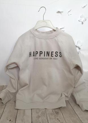 Кофта джемпер свитшот длинная базовая однотонная короткая прямая пуловер happiness надпись накат принт свободная оверсайз