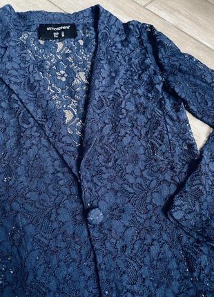 Кружевной пиджак прямого кроя синий жакет полупрозрачный женский жакет из синего кружева3 фото