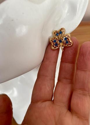 Винтажные серьги клипсы золотистые синие листочки американский винтаж