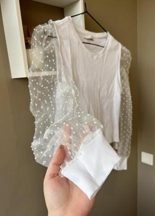 Біла блузка з прозорими рукавами топ воланами бавовняна блуза ошатна ліхтарики р. л/l1 фото