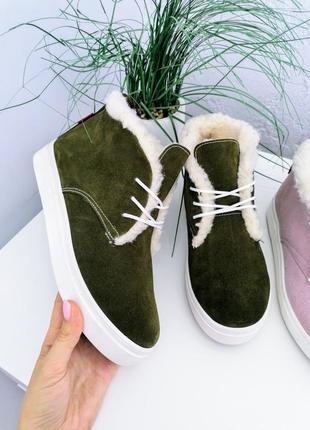 Зимние замшевые ботинки хайтопы, цвет хаки3 фото