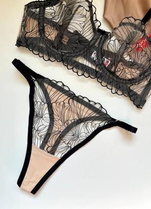 Манящий комплект трусики лиф набор женский стринги бюстральтер прозрачный с кружевом черный сексуальный6 фото
