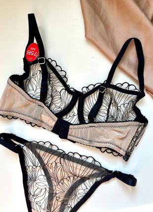 Звабливий комплект трусики ліф набір жіночий стринги бюстральтер прозорий з мереживом...