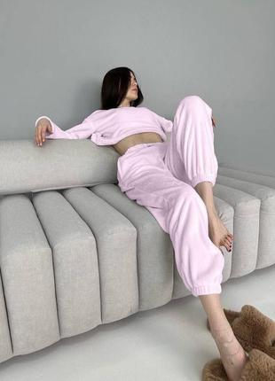 Велюрова піжама комплект для сну та дому кофта вільного крою лонгслів світшот штани джогери костюм тепла бежева коричнева рожева синя