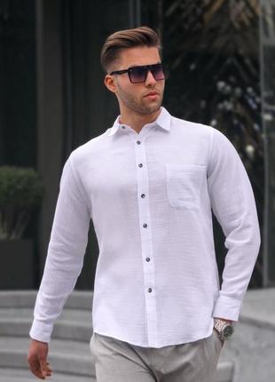 Чоловіча лляна сорочка з кишенею класична рубашка з льону якісна стильна ділова