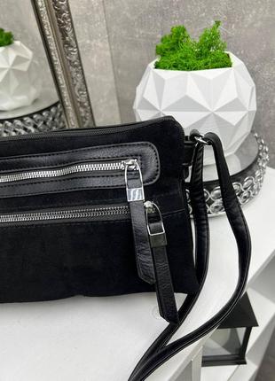 Черная практичная универсальная стильная качественная сумочка натуральная замша искусственная кожа3 фото