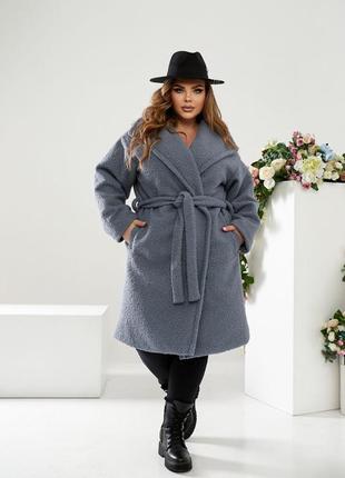 Жіноче шерстяне демі пальто на запах сіре букле барашек на синтепоні батал великі розміри вовняне