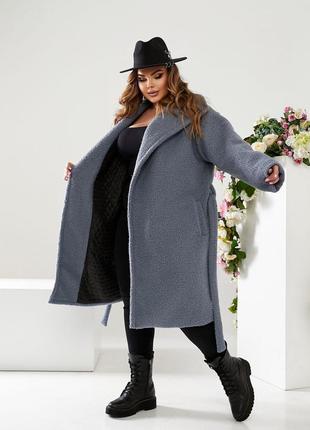 Жіноче шерстяне демі пальто на запах сіре букле барашек на синтепоні батал великі розміри вовняне2 фото