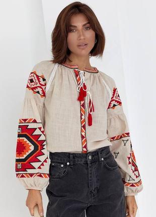 Колоритна блуза вишиванка, українська вишиванка з етнічним принтом, сорочка етно з вишивкою