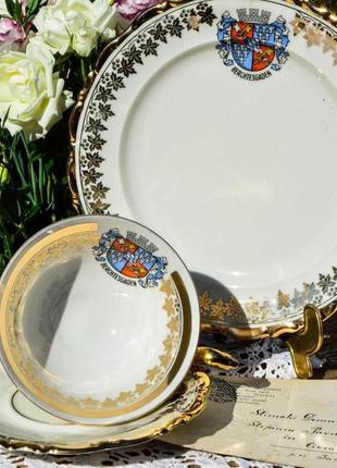 Шикарное чайное трио! чашка, блюдце, тарелка. герб. waldershof,bavaria!3 фото