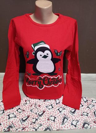 Комплект для сна детская пижама утепленная на девушку подростка новый год пингвин турция 14-18 лет красная