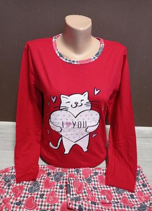 Пижама женская турция асма котик 40-50 размеры хлопок интерлок длинный рукав и штаны красная и пудра2 фото