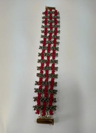 Плетеный браслет ручной работы из бисера серый красный #розвантажуюсь2 фото