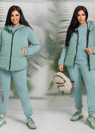 Костюм худи свободный рукав и низ манжет жилет на молнии с капюшоном карманы синтепон 150 штаны на резинке карманы манжеты ткань трехнить на флисе