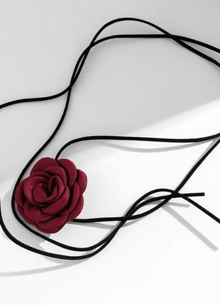 Чокер з червоною бордовою трояндою, трендовий чокер з квіткою на шию, кольє з розою3 фото