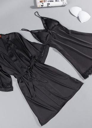 Атласный комплект, халат и пеньюар черного цвета5 фото