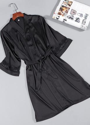 Атласный комплект, халат и пеньюар черного цвета2 фото