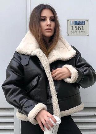 Женская укороченная дубленка, черная дубленка, куртка авиатор, эко кожа zara xs-s1 фото