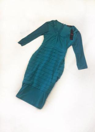 Платье бирюзового цвета, рюши, рукава сетка, турция, нарядное