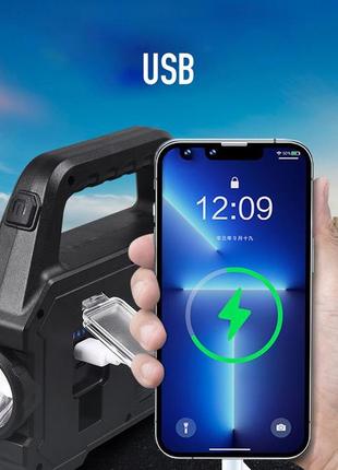 Аккумуляторный led фонарь power bank с солнечной панелью и боковая 2cob лампа usb...