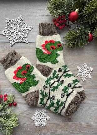 Подрастковые детские новогодние носки из овечей шерсти теплые зимние для девочки « дракон», р 33-36, 17-22 см1 фото