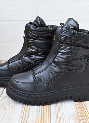 Зимние женские ботинки с мехом теплые отменное качество высокие черные кожаные