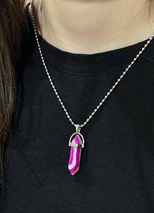 Подарунок хлопцю дівчині - натуральний камінь рожевий агат кулон кристал шестигранник на ланцюжку в коробочці3 фото