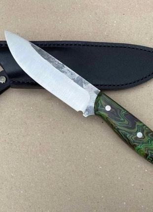 Нож для охоты ручной работы кратос из стали х12мф/62 hrc, рукоятка микарта плюс кожаный чехол в комплекте
