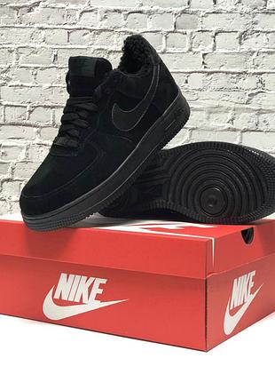 Зимние мужские кроссовки nike air force 1 low black fur / форсы черного цвета мех