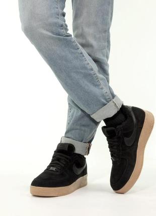 Зимние мужские кроссовки nike apoyo air force 1 low black fur / форсы черного цвета мех
