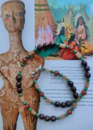 Тренд эко чокер, колье, ожерелье, подвеска, бусы, натуральный камень (агат, сердолик), дерево, чешский бисер, в этно, бохо, афро стиле, этника