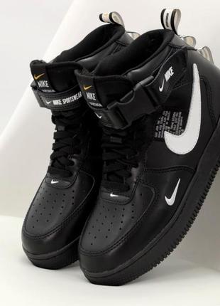 Зимние мужские кроссовки nike air force 1 low ck4363 200 release info 1 high black white fur / форсы черные с белым цветами мех