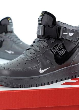 Зимние мужские кроссовки nike air force 1 high grey black fur / форсы серого с белым цветами мех