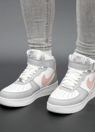 Зимние женские кроссовки nike air force 1 high white grey pink fur / форсы серого с белым и розового цветов мех