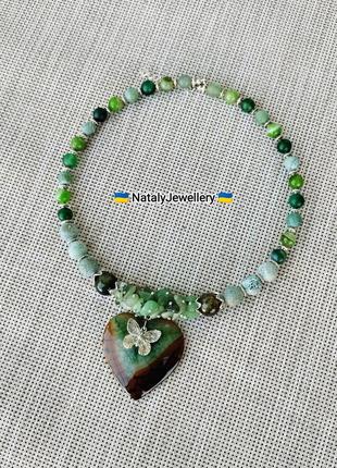 Ожерелье-кулон из агата и нефрита "сердца весны"3 фото