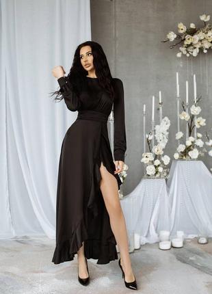Люкс!!️шелковое вечернее нарядное платье макси премиум качества с длинными рукавами и высоким разрезом на ноге🔥6 фото