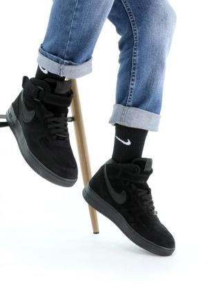 Зимние мужские кроссовки nike air force 1 high black fur / форсы черного цвета мех