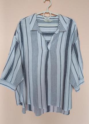 Біла блуза в синьо-сіру смужку, полосатая блуза лён плюс хлопок, блуза батал бавовна і льон 56-58 р.