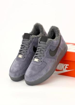 Зимові чоловічі кросівки nike air force 1 low grey black fur / форси сірого з чорним кольорів хутро