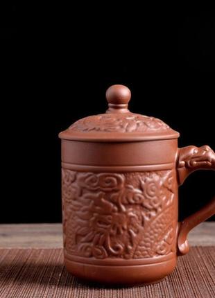 Чашка "дракон фенікс" коричнева 300мл, чашка з кришкою глиняна,чашка з ісинської глини1 фото