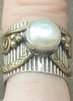 Дизайнерське старовинне неймовірно гарне красиве кільце  перстень срібло 925 латунь  справжня перлина ручна робота2 фото