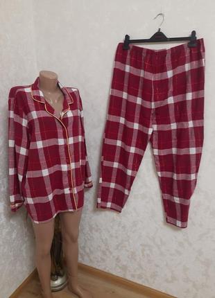 Тепла фланелева піжама домашній костюм в клітинку великий розмір