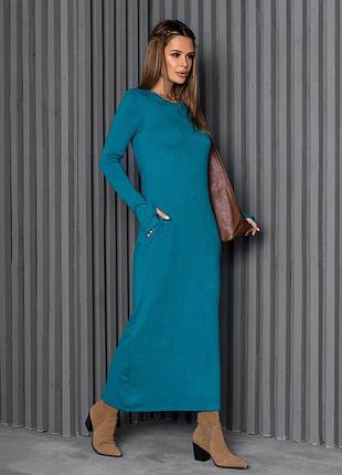 Бирюзовое длинное платье с карманами и разрезом2 фото