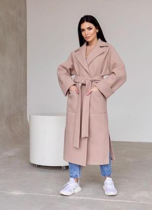 Пальто женское, миди оверсайз шерстяное демисезонное, длинное, пальто - халат, с поясом, бренд, латте бежевое2 фото